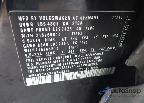 2012 Volkswagen Tiguan S from USA, damaged, VIN WVGAV7AXXCW544268